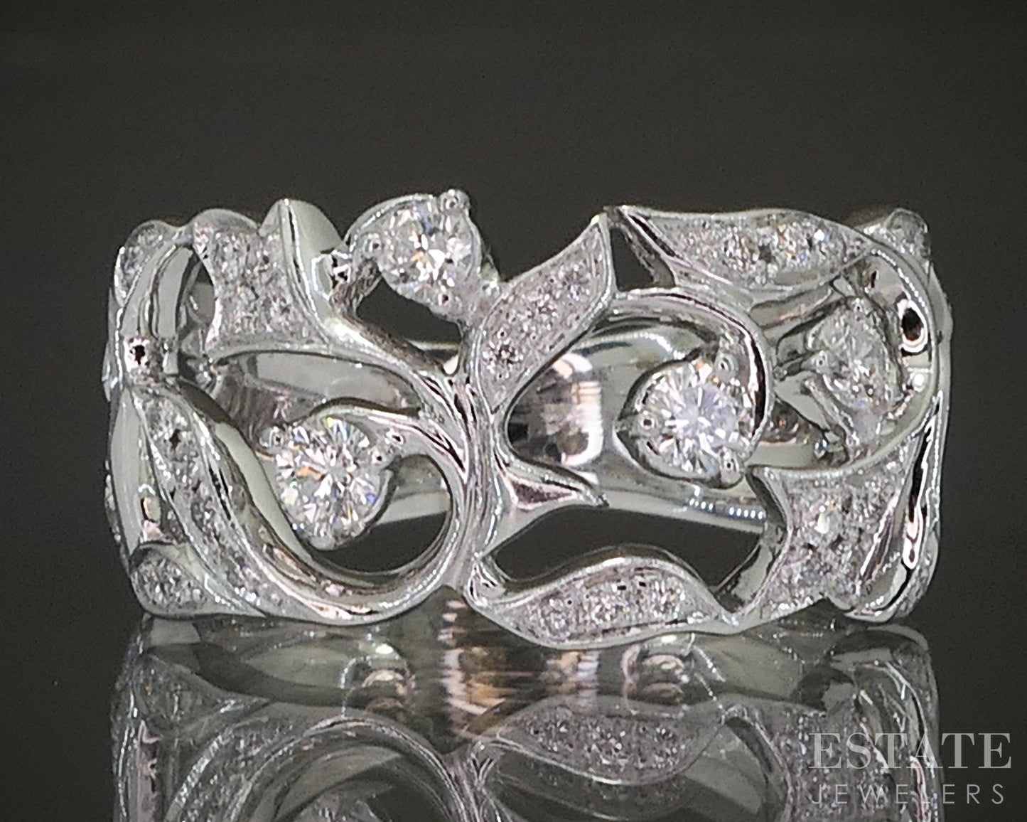 14k White Gold Natural .25ctw Diamond Garland Leaf Ladies Band Ring 5.7g p21976