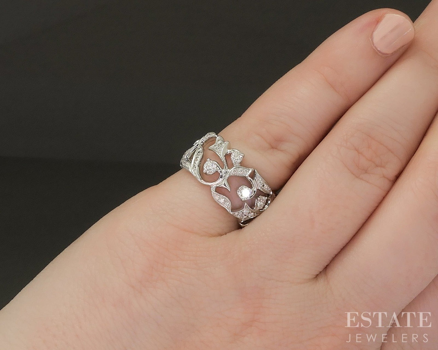 14k White Gold Natural .25ctw Diamond Garland Leaf Ladies Band Ring 5.7g p21976