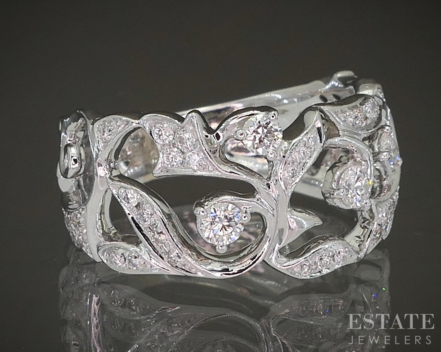 14k White Gold Natural .25ctw Diamond Garland Leaf Ladies Band Ring 5.7g p21976