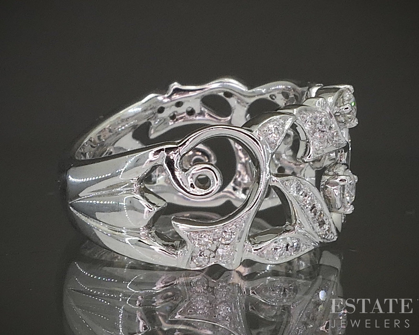 14k White Gold Natural .25ctw Diamond Garland Leaf Ladies Band Ring 5.7g p21976