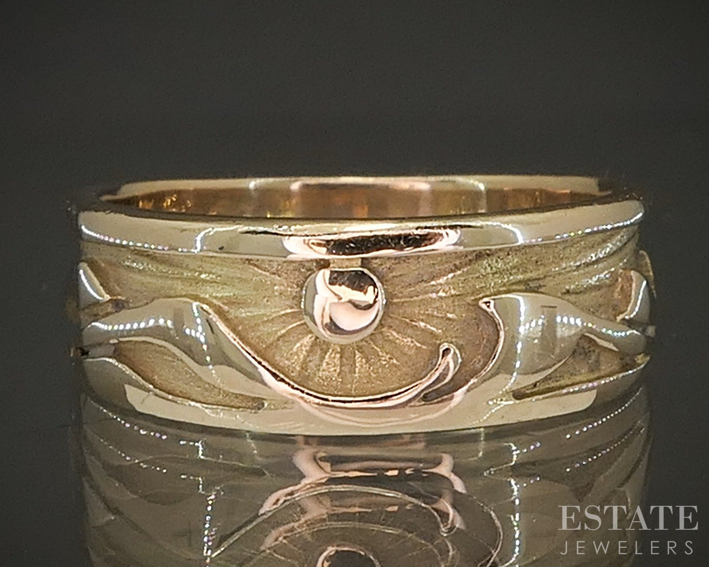 14k Yellow Gold Native American Mountain Sunset Signed YR Band 3.7g p22495