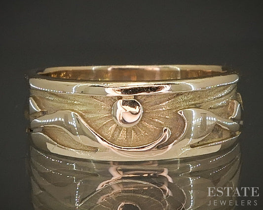 14k Yellow Gold Native American Mountain Sunset Signed YR Band 3.7g p22495