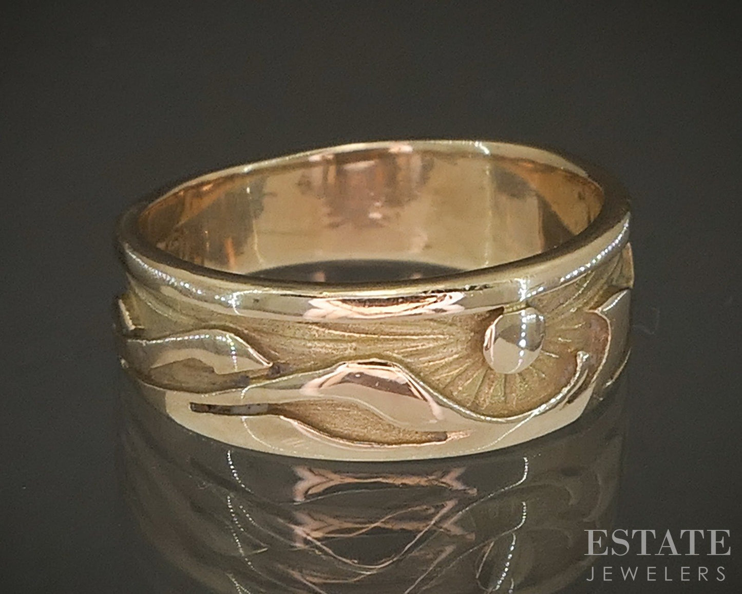 14k Yellow Gold Native American Mountain Sunset Signed YR Band 3.7g p22495