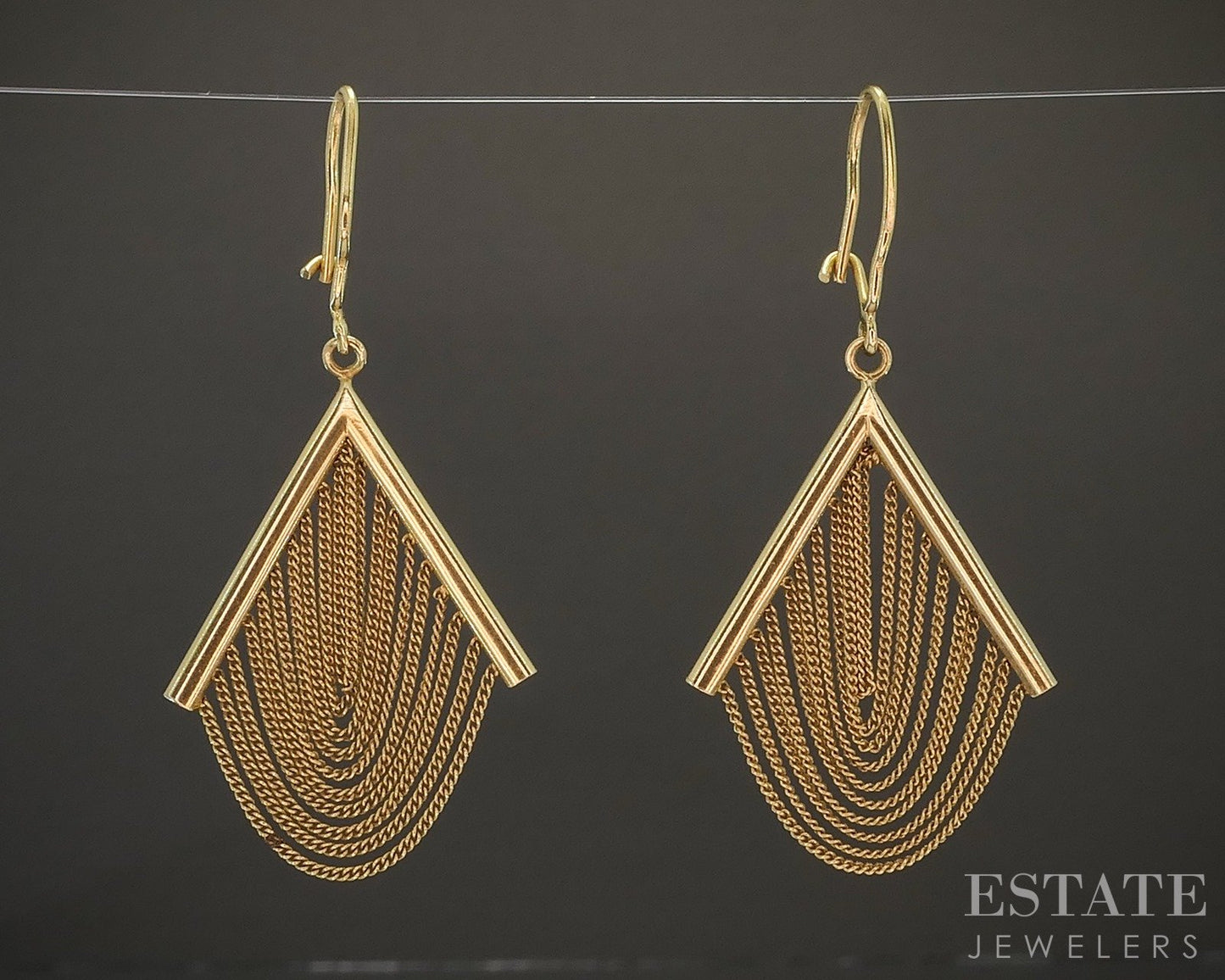 Vintage 18k Yellow Gold Chevron Multi Chain Dangle Earrings 5.9g p22483