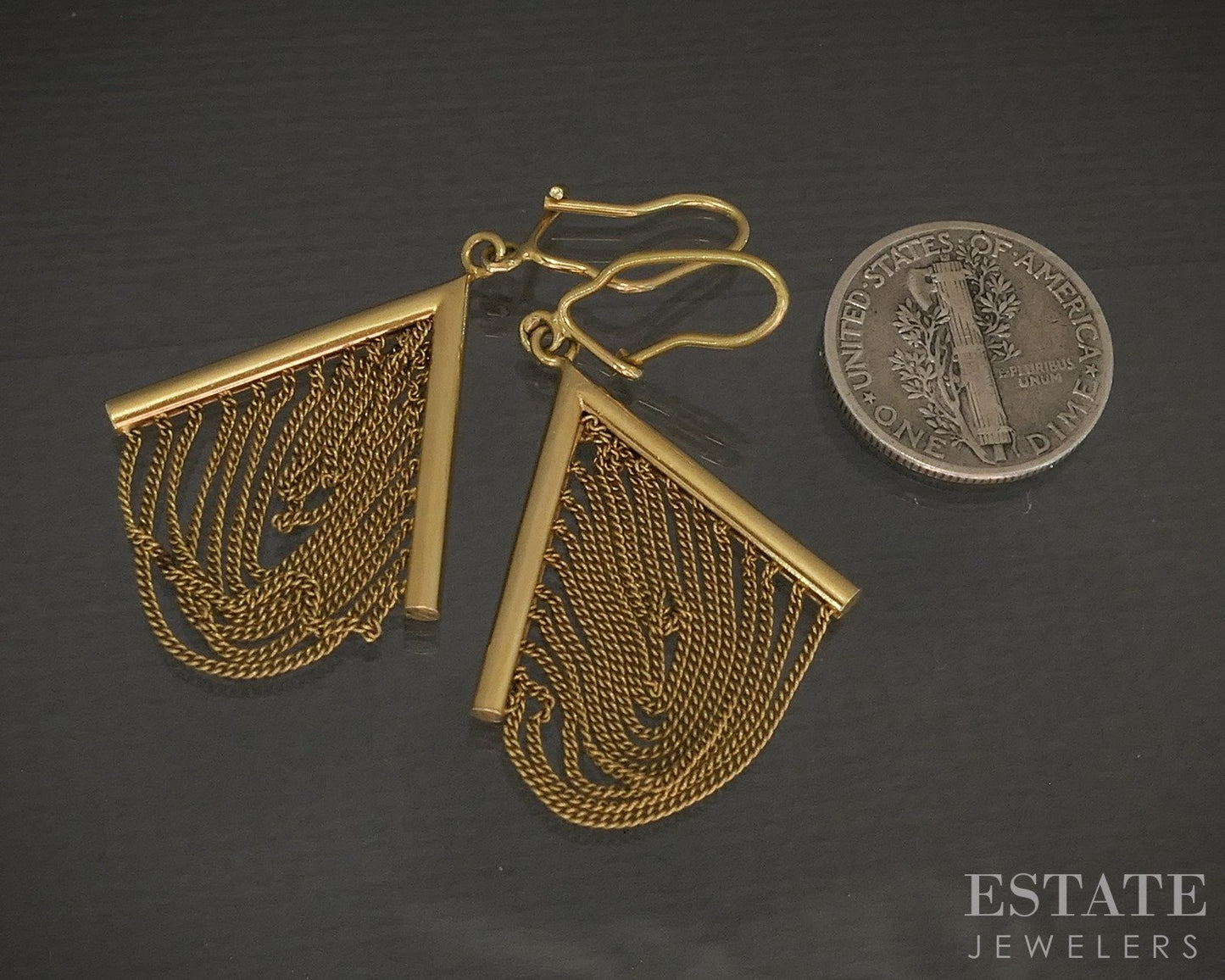 Vintage 18k Yellow Gold Chevron Multi Chain Dangle Earrings 5.9g p22483