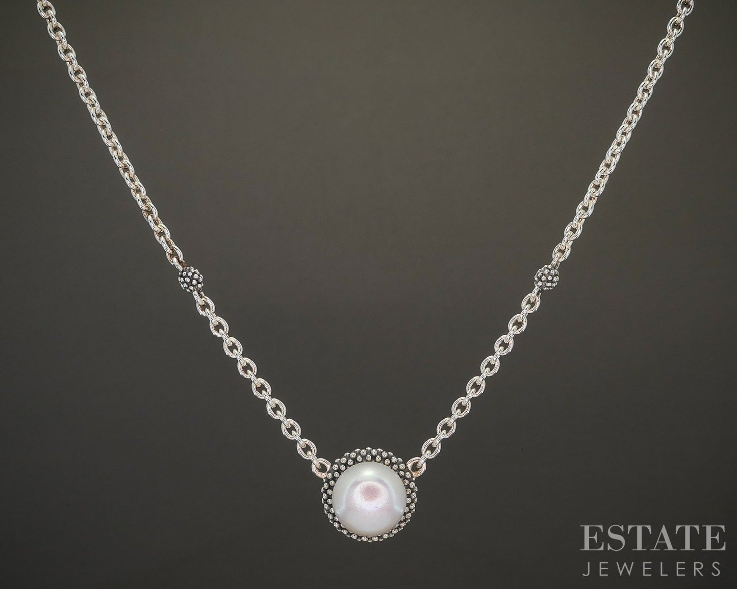 Sterling Silver LAGOS Caviar 8.8mm Freshwater Pearl Cable Necklace 18"L p22336