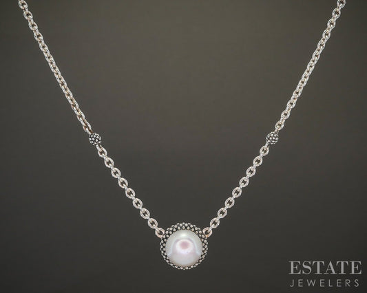Sterling Silver LAGOS Caviar 8.8mm Freshwater Pearl Cable Necklace 18"L p22336