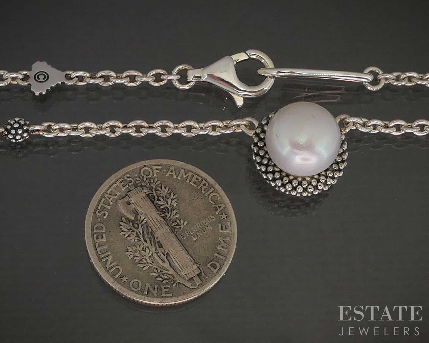 Sterling Silver LAGOS Caviar 8.8mm Freshwater Pearl Cable Necklace 18"L p22336