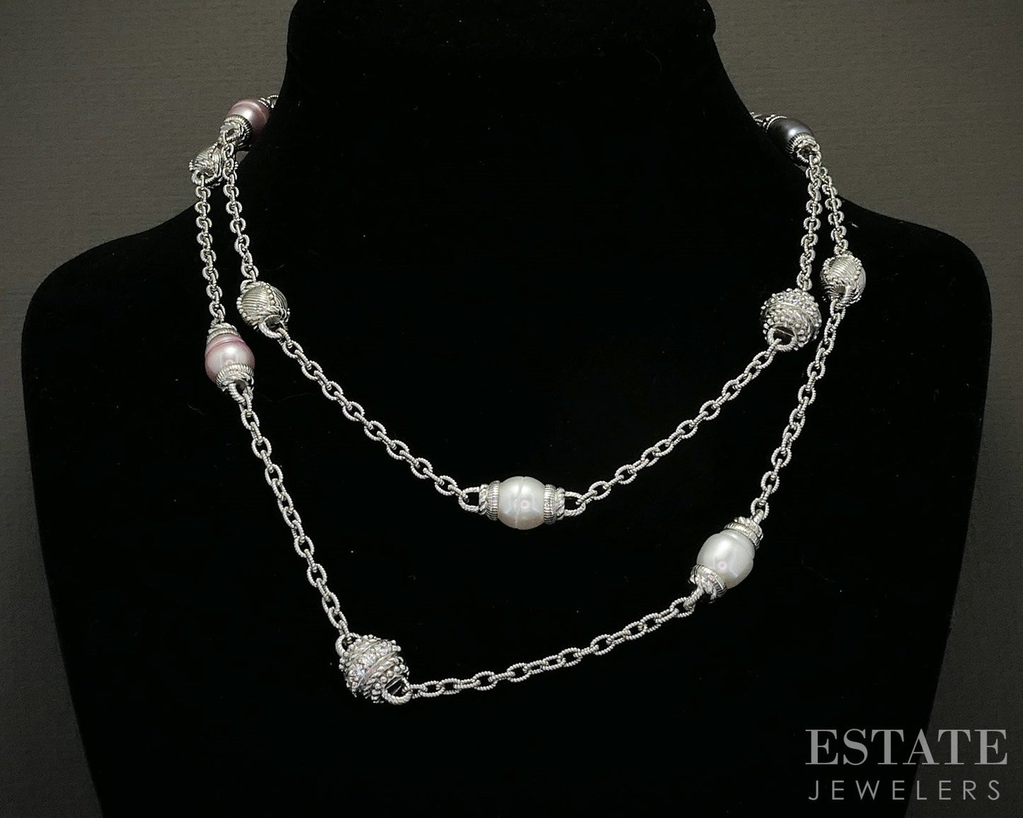 Sterling Judith Ripka Pearl & CZ Cable Link Station Necklace 59g 36"L p25279