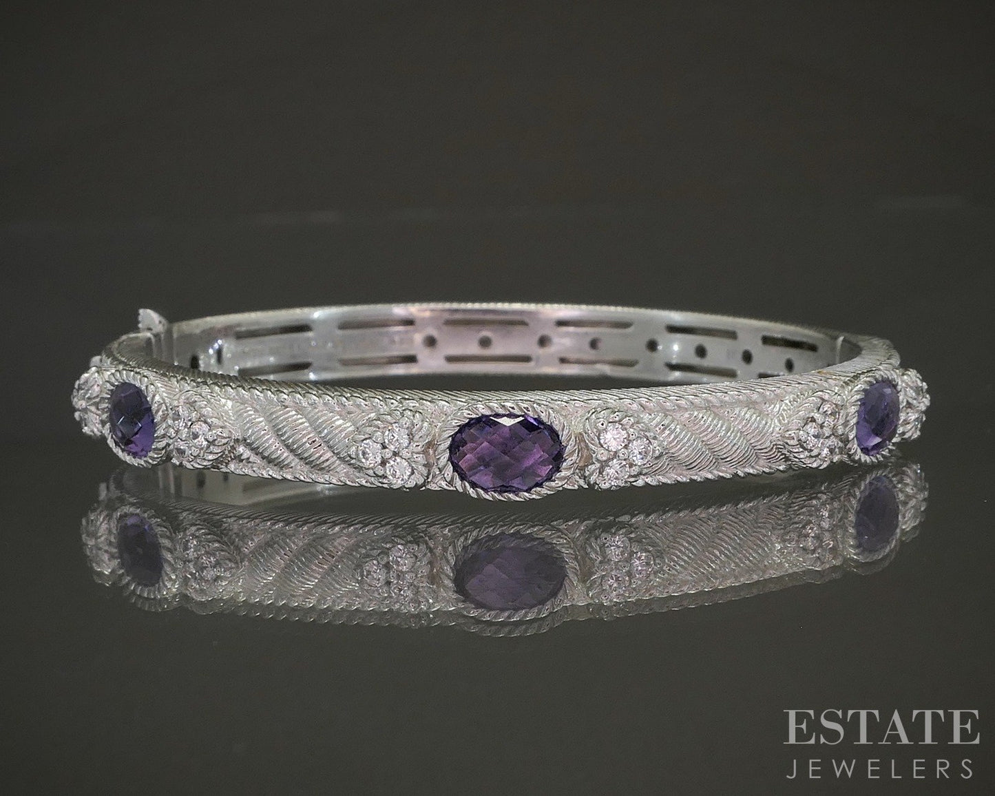 Sterling Silver Judith Ripka Natural Amethyst & CZ Bangle Bracelet 27.7g p25285