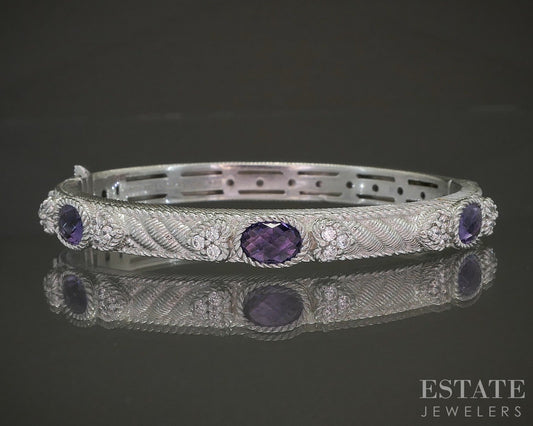 Sterling Silver Judith Ripka Natural Amethyst & CZ Bangle Bracelet 27.7g p25285