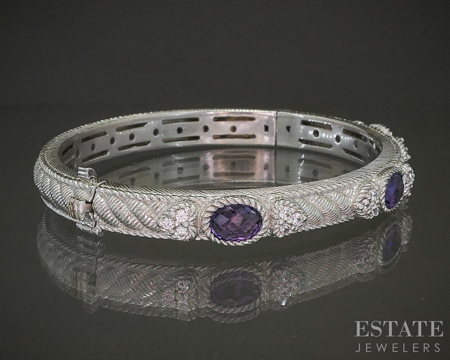 Sterling Silver Judith Ripka Natural Amethyst & CZ Bangle Bracelet 27.7g p25285