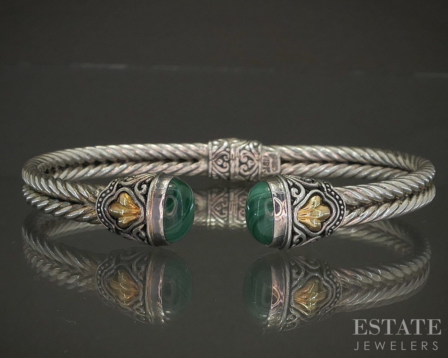 18k & Sterling Silver Natural Malachite Ladies Cuff Bracelet 25g p25299