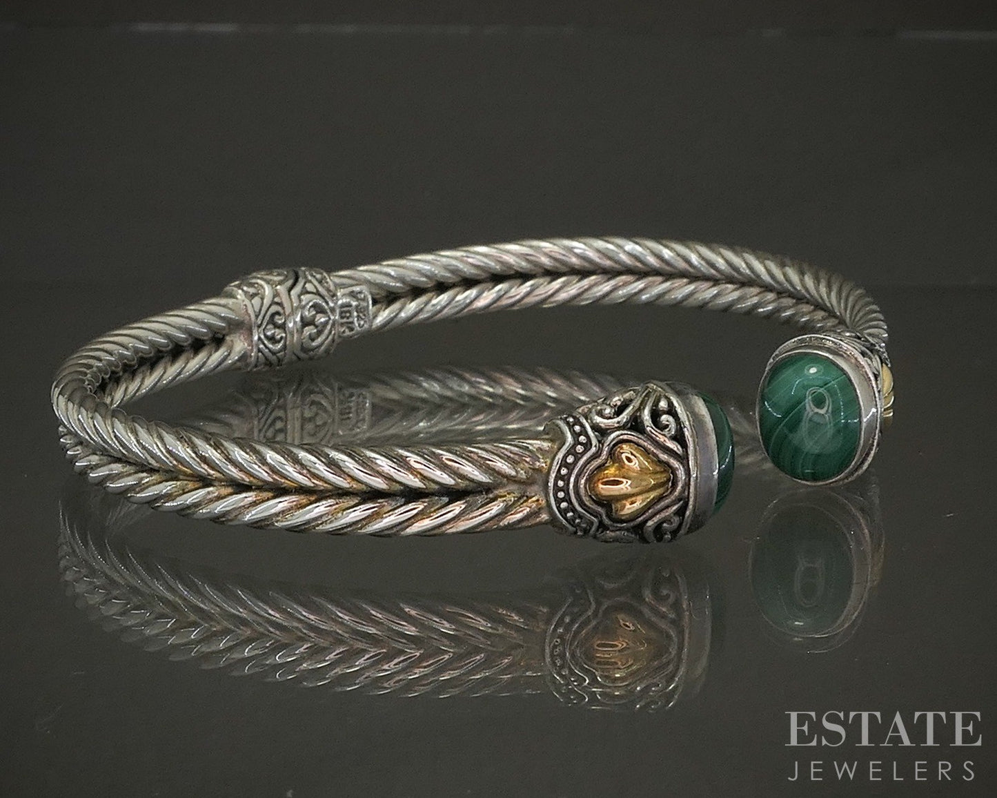 18k & Sterling Silver Natural Malachite Ladies Cuff Bracelet 25g p25299