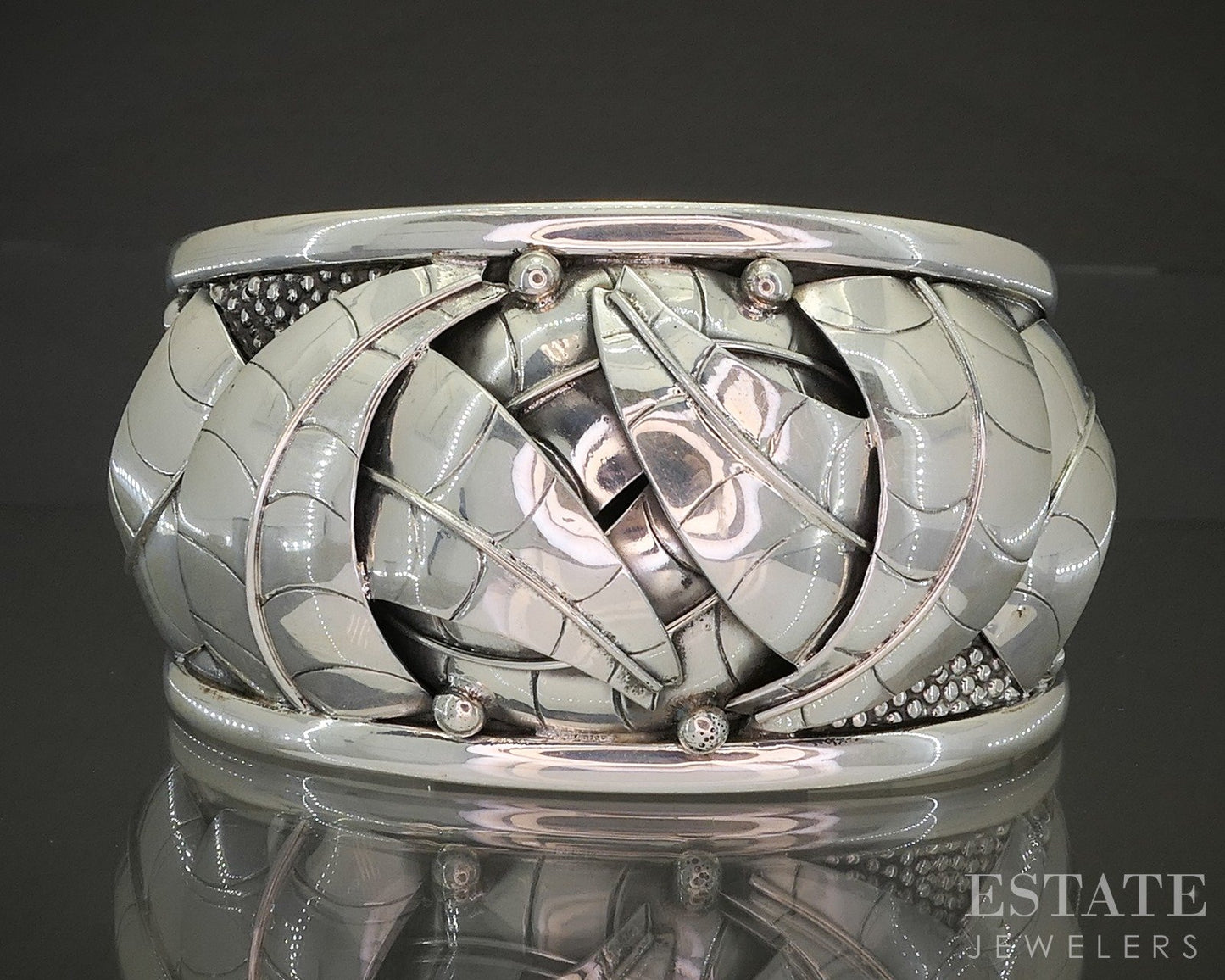 Vintage Sterling Silver Mexico DDD Signed Leafy Large Cuff Bracelet 74g p25303