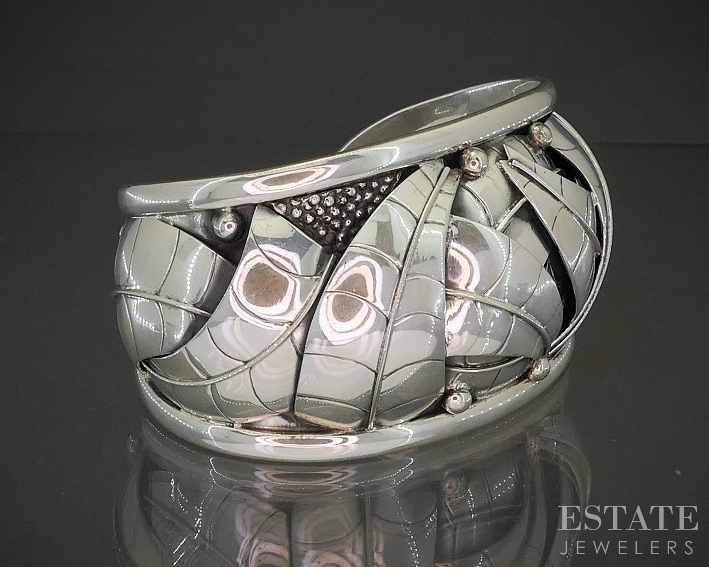 Vintage Sterling Silver Mexico DDD Signed Leafy Large Cuff Bracelet 74g p25303