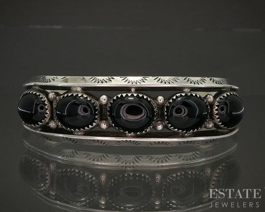 Vintage Sterling Navajo Black Onyx Jason Livingston Cuff Bracelet 29.7g p25305