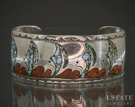 Vintage Sterling Turquoise & Coral Roy Vandever Navajo Cuff Bracelet 38g p25309