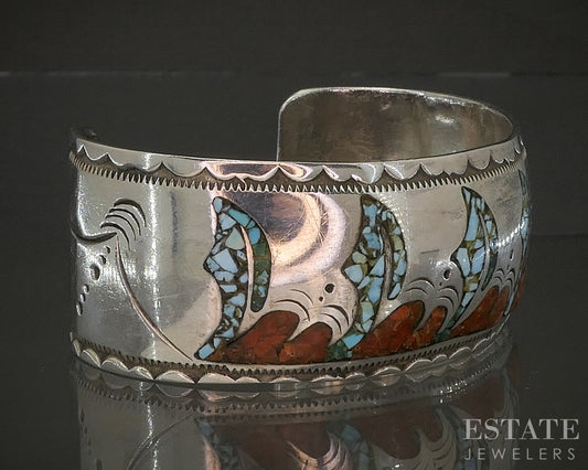 Vintage Sterling Turquoise & Coral Roy Vandever Navajo Cuff Bracelet 38g p25309