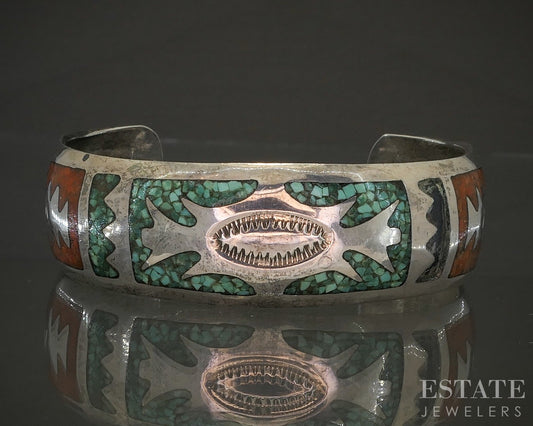 Vintage Sterling Turquoise & Coral Delvin Nelson Navajo Cuff Bracelet 32g p25311