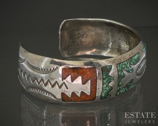 Vintage Sterling Turquoise & Coral Delvin Nelson Navajo Cuff Bracelet 32g p25311