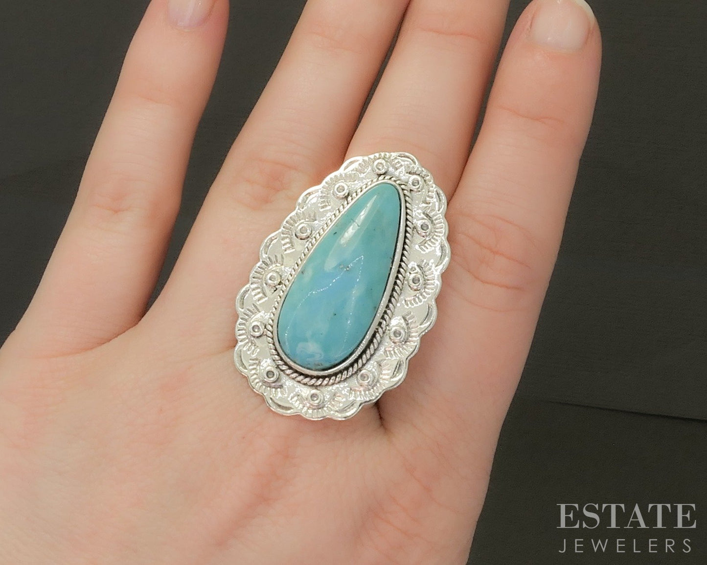Vintage Sterling Natural Turquoise Signed FD Navajo Ladies Ring 14.1g p25326