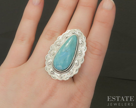 Vintage Sterling Natural Turquoise Signed FD Navajo Ladies Ring 14.1g p25326
