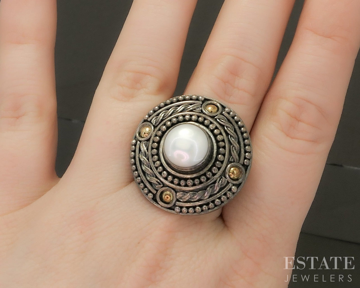 18k & Sterling BA Bali Suarti Mabe Pearl Ladies Shield Ring 16.8g p25331