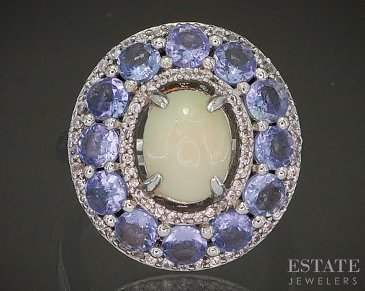Sterling Natural Opal Tanzanite & White Sapphire Shield Ring 6.3g p25333