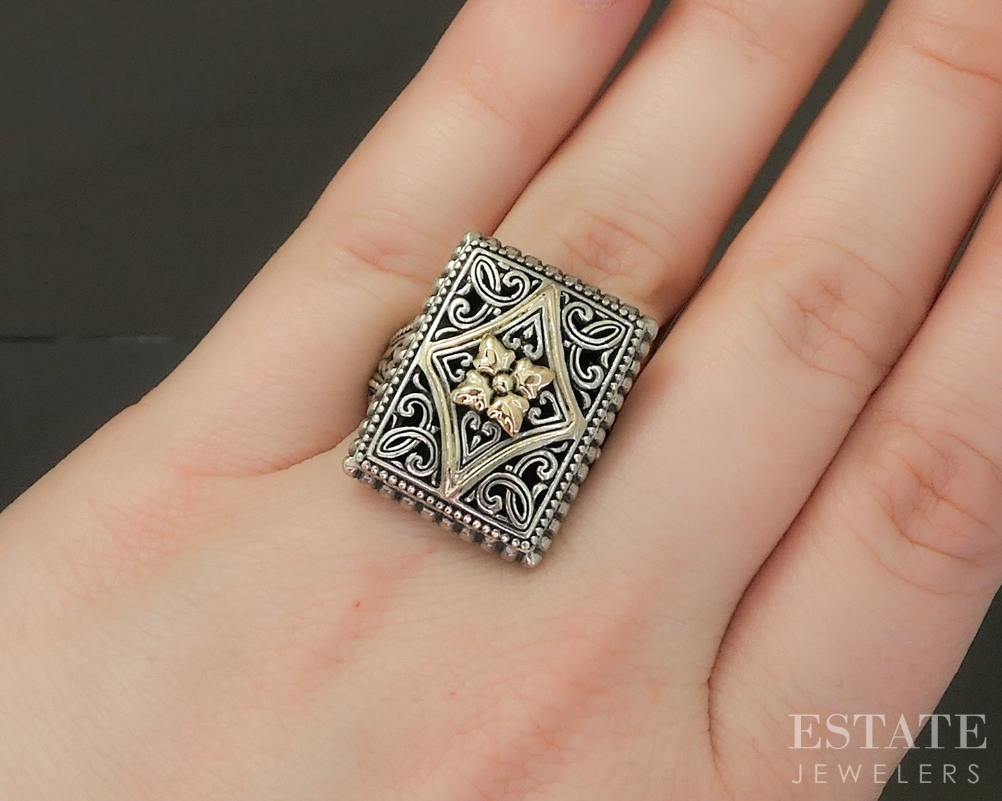 14k & Sterling Arts Elegance Filigree Ladies Shield Ring 9.2g p25337