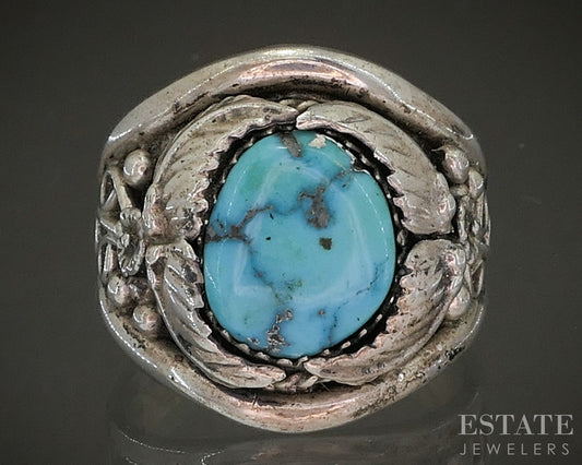 Vintage Sterling Natural Turquoise Navajo Albert Cleveland Mens Ring 11g p25343