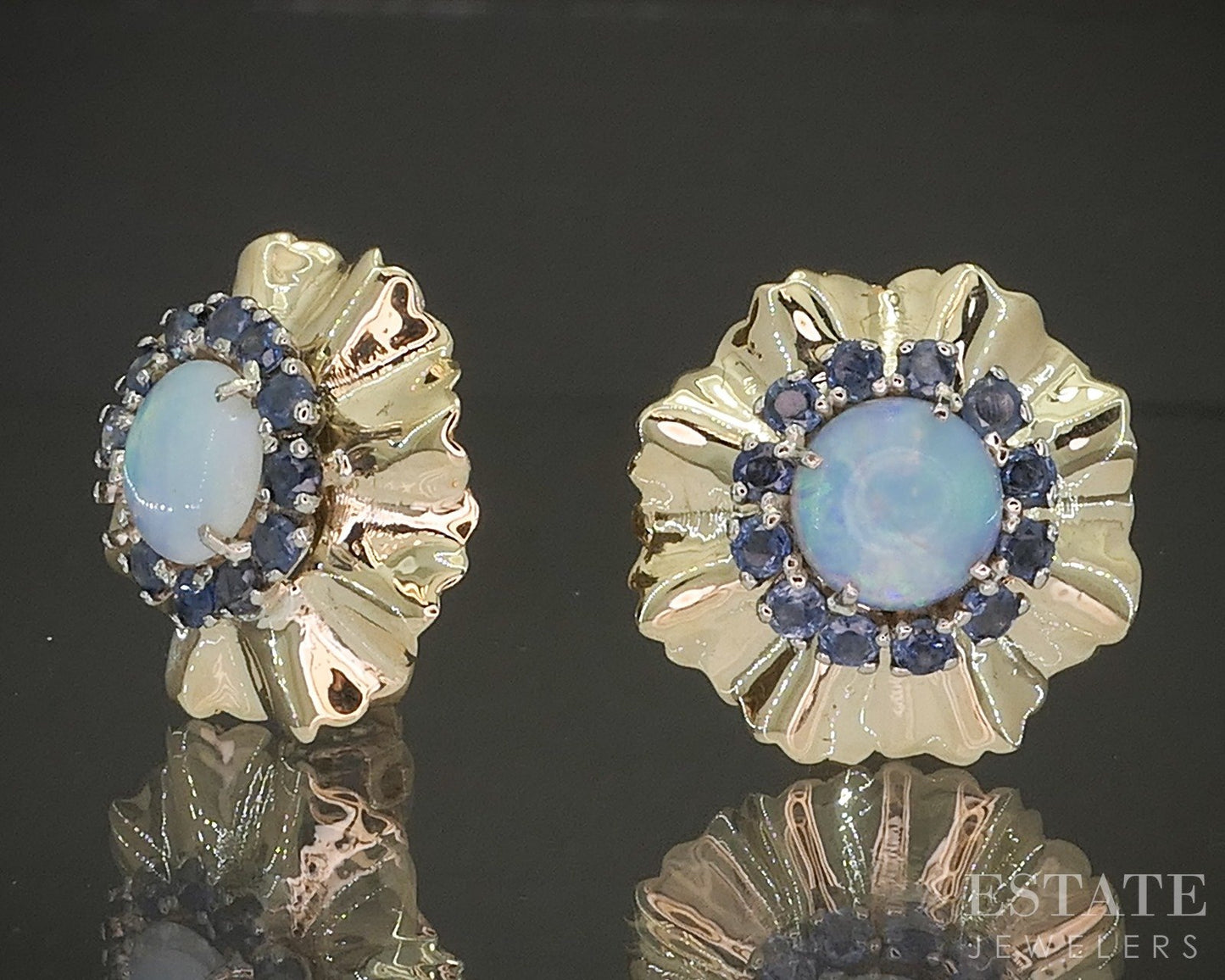 Vintage 14k Yellow Gold Natural Opal & Blue Sapphire Earrings 10.6g p24370