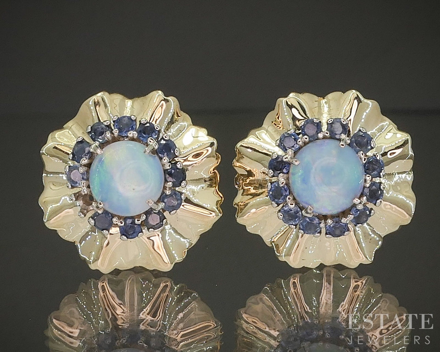 Vintage 14k Yellow Gold Natural Opal & Blue Sapphire Earrings 10.6g p24370