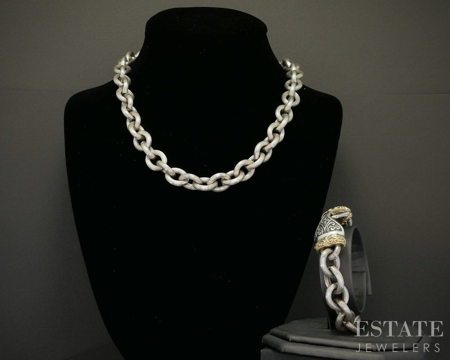 18k & Sterling Silver Textured Cable Chain Necklace & Bracelet Set 218g p25407