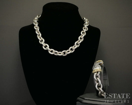 18k & Sterling Silver Textured Cable Chain Necklace & Bracelet Set 218g p25407