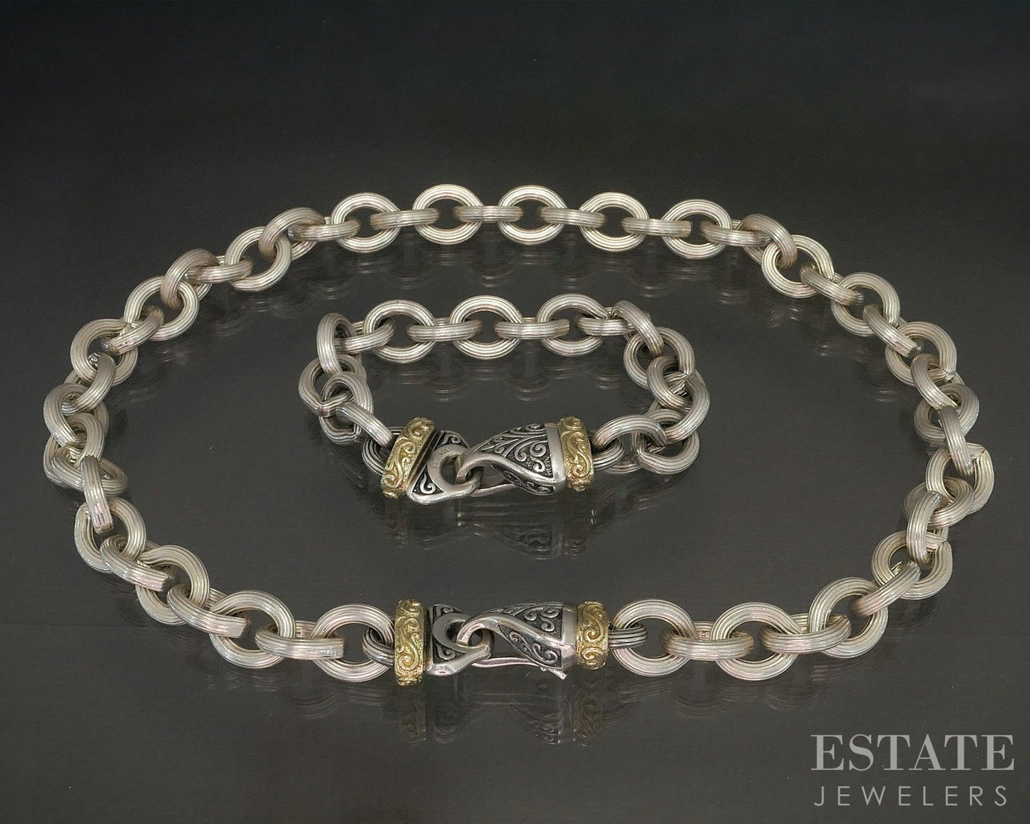 18k & Sterling Silver Textured Cable Chain Necklace & Bracelet Set 218g p25407