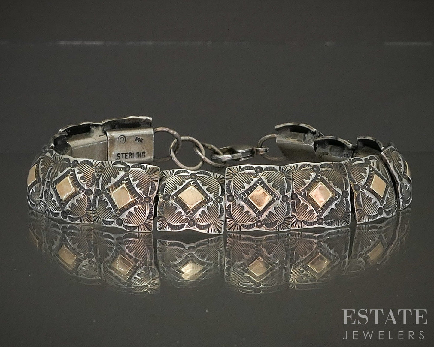 Vintage 14k & Sterling Concho Southwestern Panel Link Bracelet 33g 7.5"L p25410