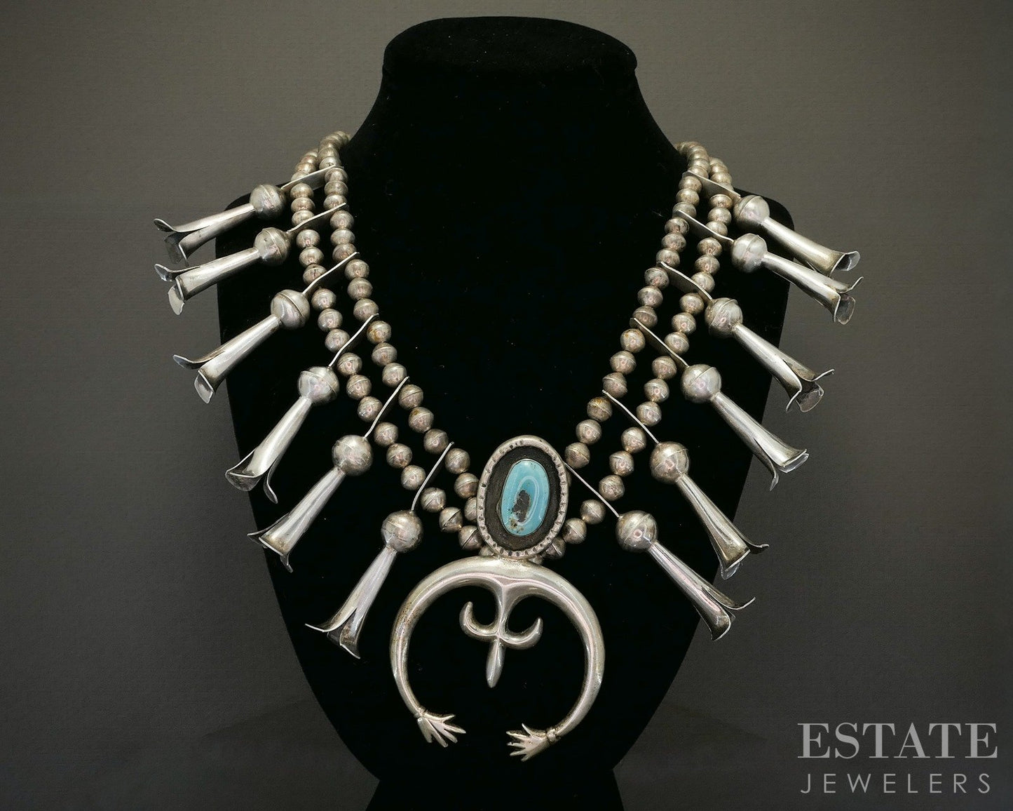 Sterling Turquoise Arlo Kanteena Navajo Sandcast Squash Blossom Necklace p25416
