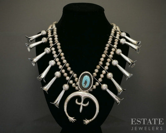 Sterling Turquoise Arlo Kanteena Navajo Sandcast Squash Blossom Necklace p25416