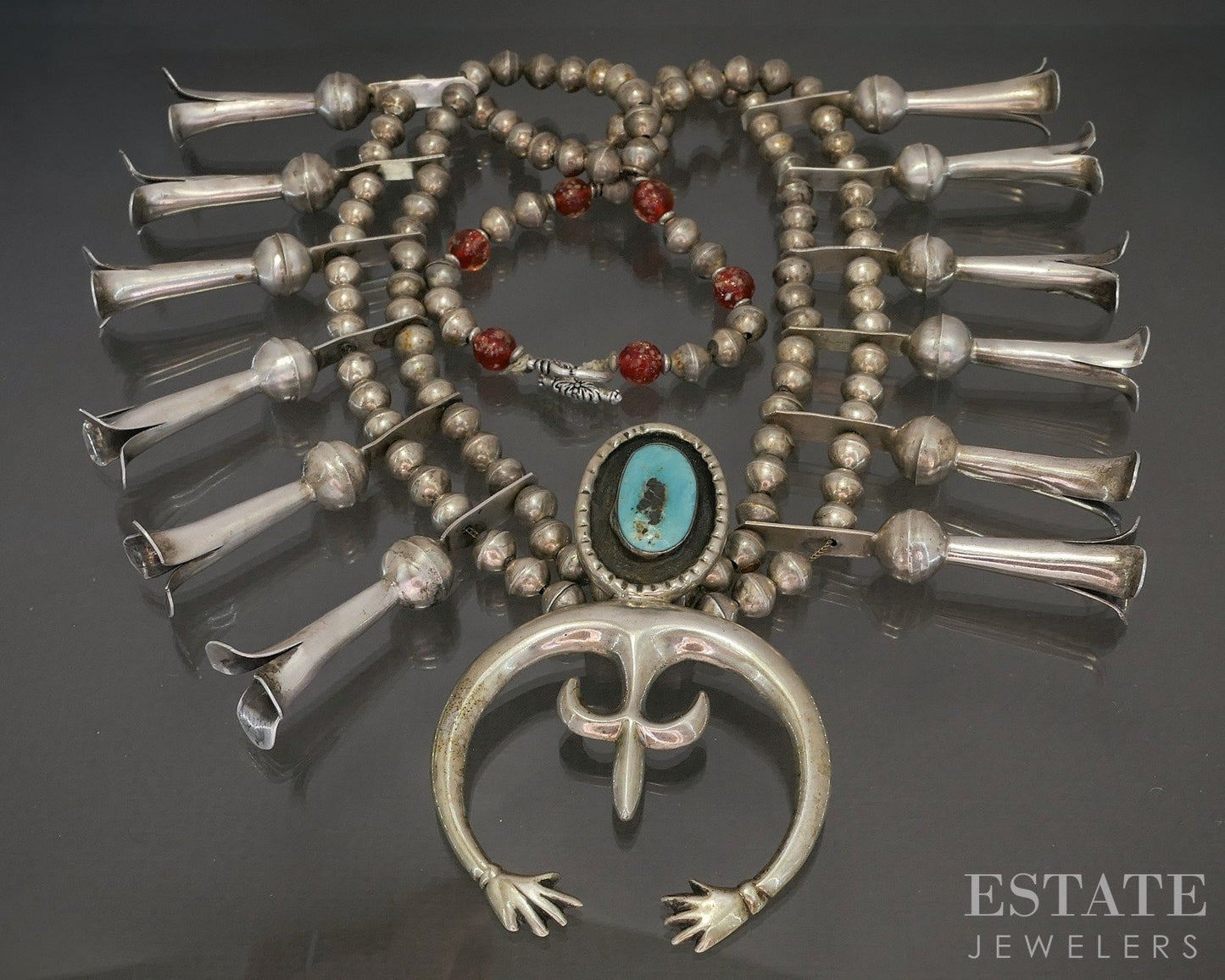 Sterling Turquoise Arlo Kanteena Navajo Sandcast Squash Blossom Necklace p25416