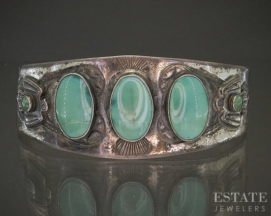 Vintage Sterling Natural Turquoise Fred Harvey Navajo Cuff Bracelet 36g p25424