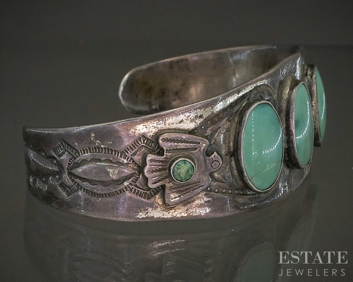 Vintage Sterling Natural Turquoise Fred Harvey Navajo Cuff Bracelet 36g p25424
