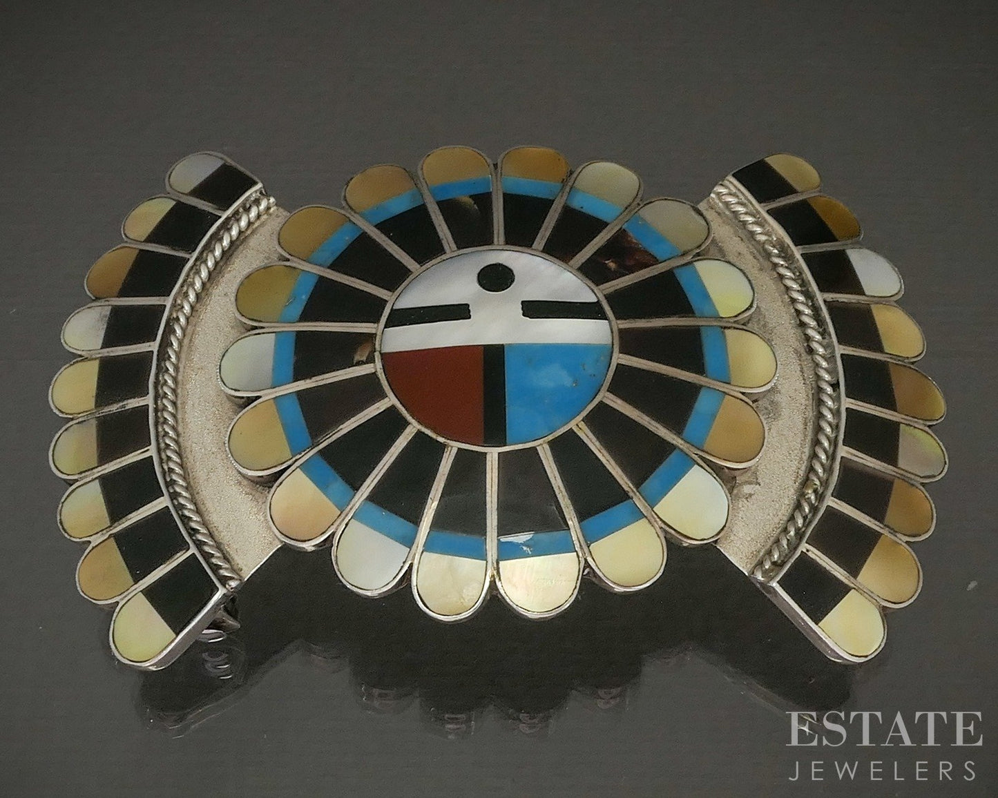 Vintage Sterling Zuni Sunface Multi Gem Inlaid Belt Buckle 46g p25468