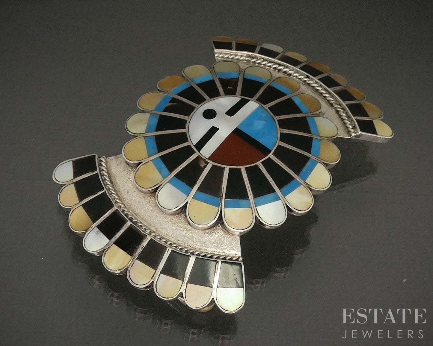Vintage Sterling Zuni Sunface Multi Gem Inlaid Belt Buckle 46g p25468