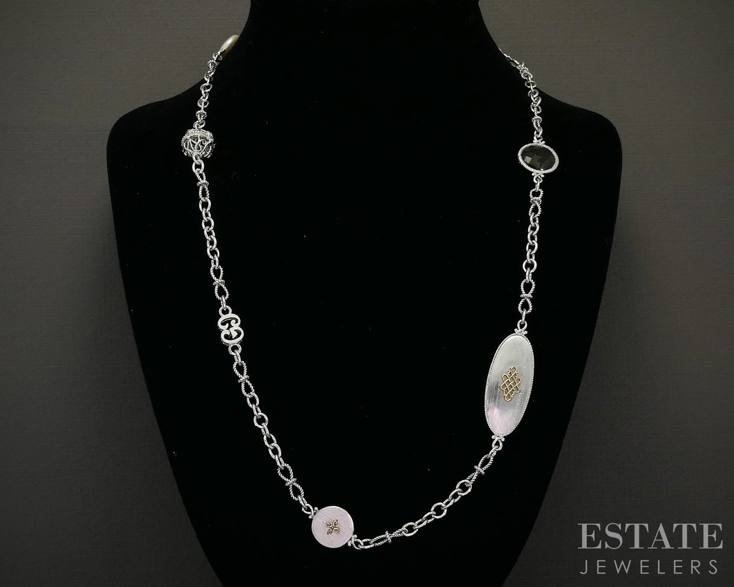 18k & Sterling Gabriel & Co. Coin Pearl Smoky Quartz Necklace 35g 24"L p22600