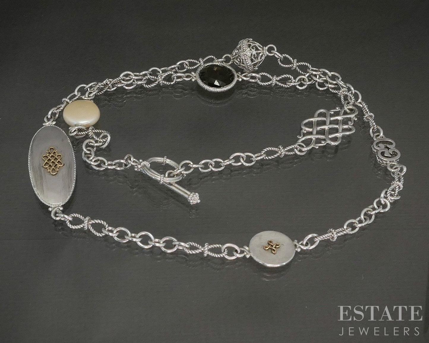 18k & Sterling Gabriel & Co. Coin Pearl Smoky Quartz Necklace 35g 24"L p22600