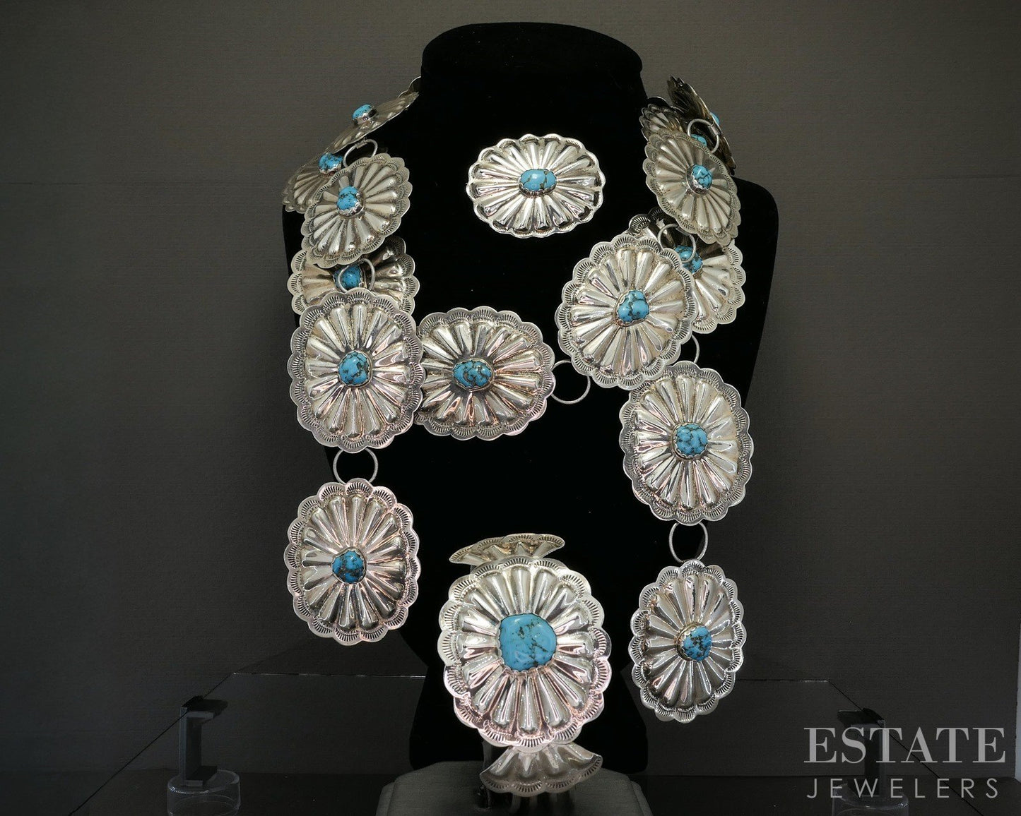 Vintage Sterling Zuni Suzie Calavaza Concho Turquoise Jewelry Set p21642