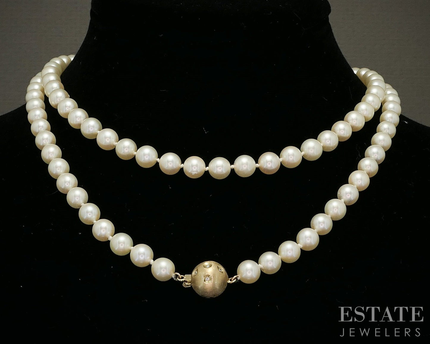 Vintage 14k Yellow Gold 6.9mm Akoya Pearl & Diamond Clasp Necklace 32"L p22602b