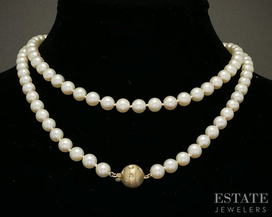 Vintage 14k Yellow Gold 6.9mm Akoya Pearl & Diamond Clasp Necklace 32"L p22602b