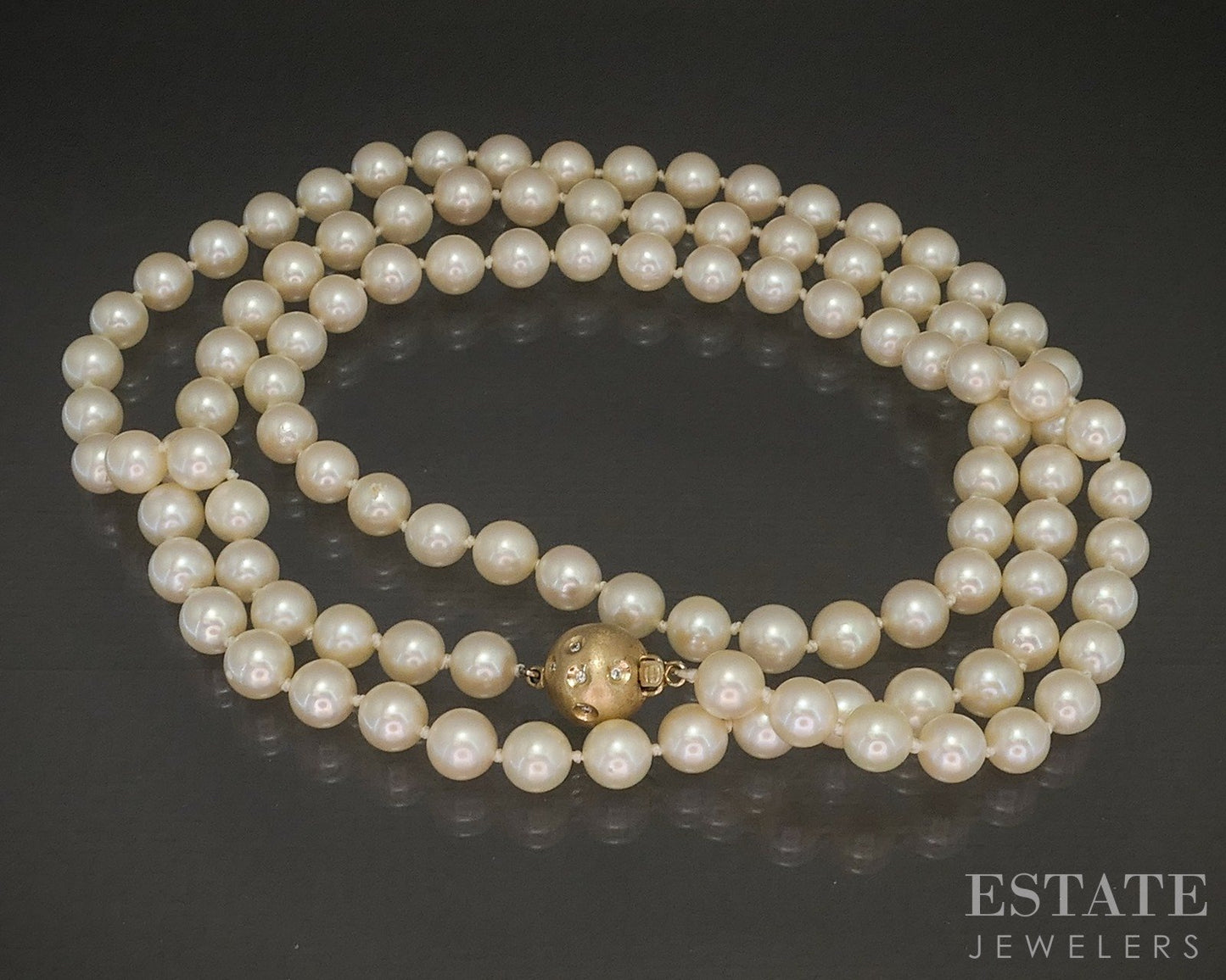 Vintage 14k Yellow Gold 6.9mm Akoya Pearl & Diamond Clasp Necklace 32"L p22602b
